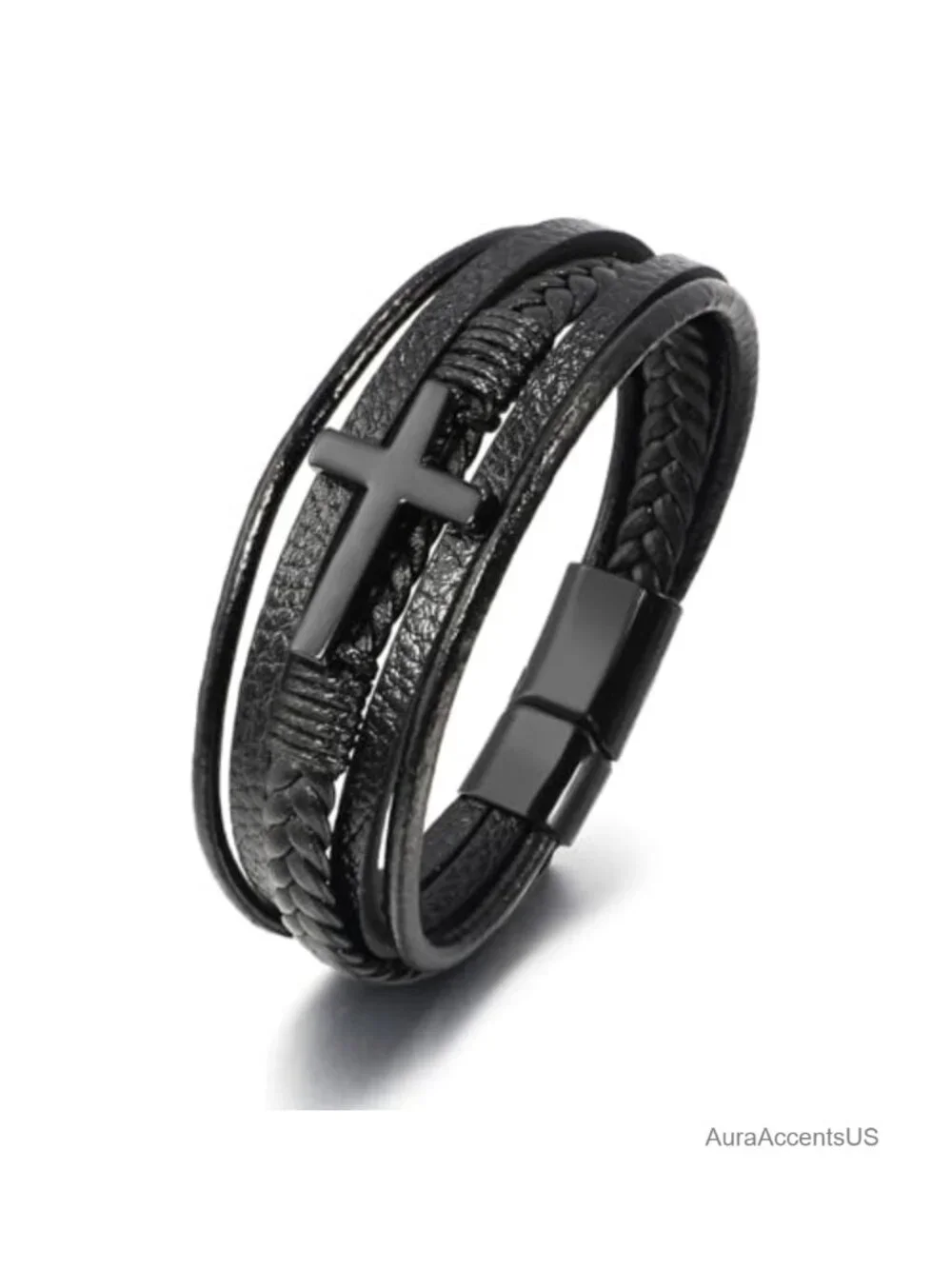Cross Leather Bracelet Men Women Stainless Steel Cuff Bangle Clasp